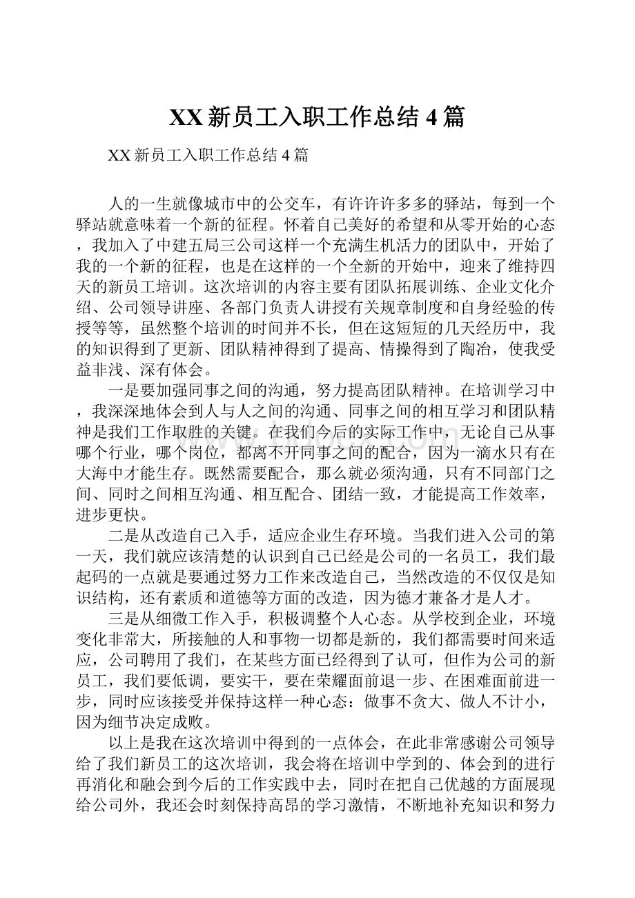 XX新员工入职工作总结4篇.docx