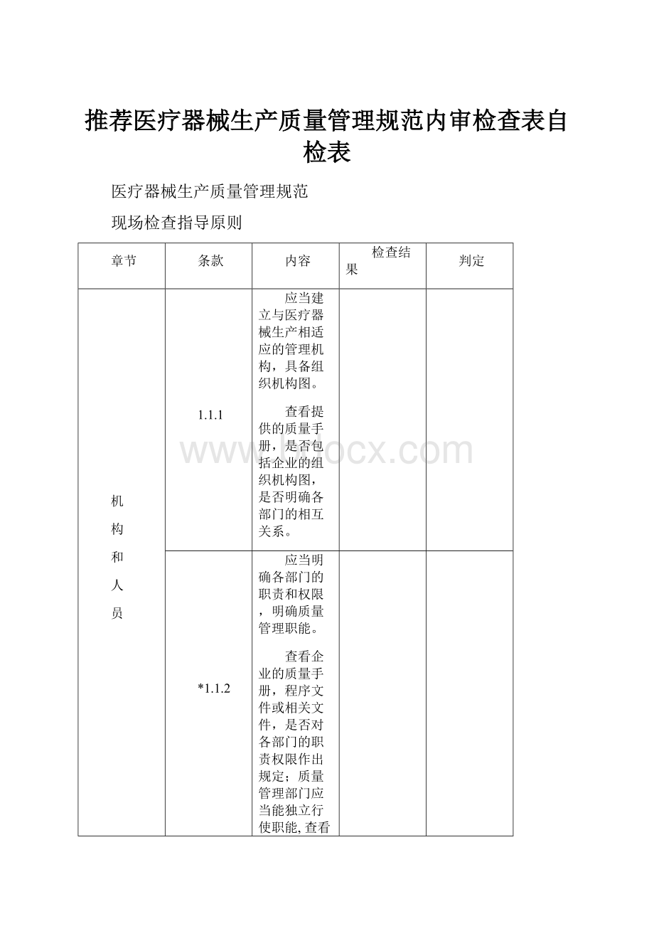 推荐医疗器械生产质量管理规范内审检查表自检表.docx