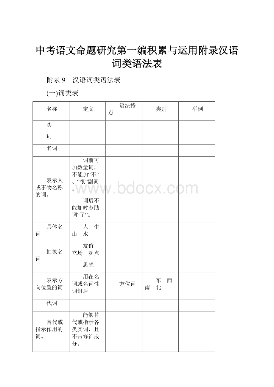 中考语文命题研究第一编积累与运用附录汉语词类语法表.docx