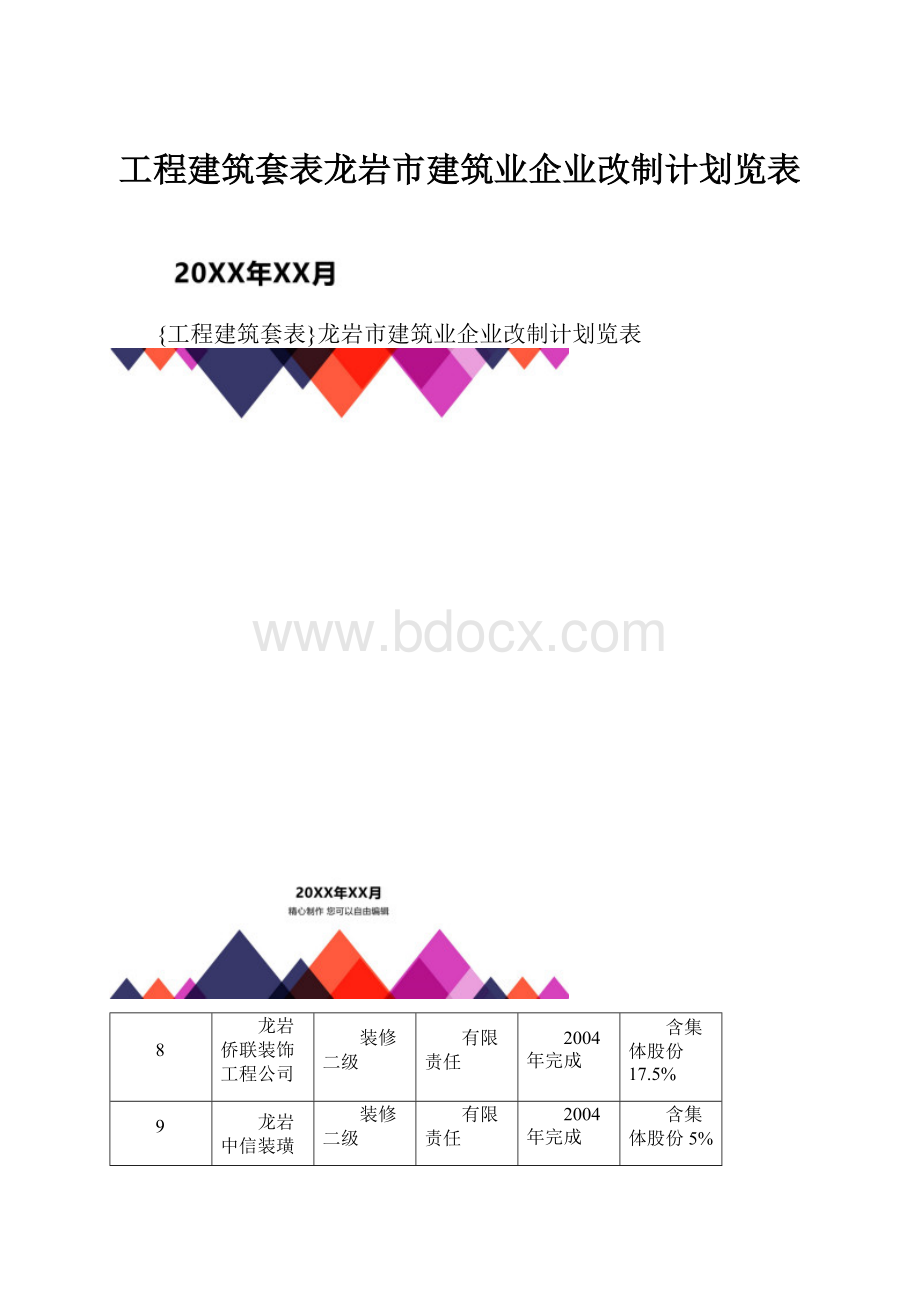 工程建筑套表龙岩市建筑业企业改制计划览表.docx