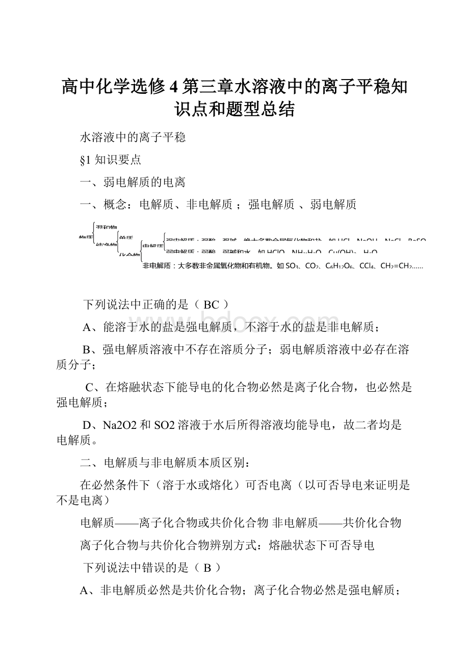 高中化学选修4第三章水溶液中的离子平稳知识点和题型总结.docx