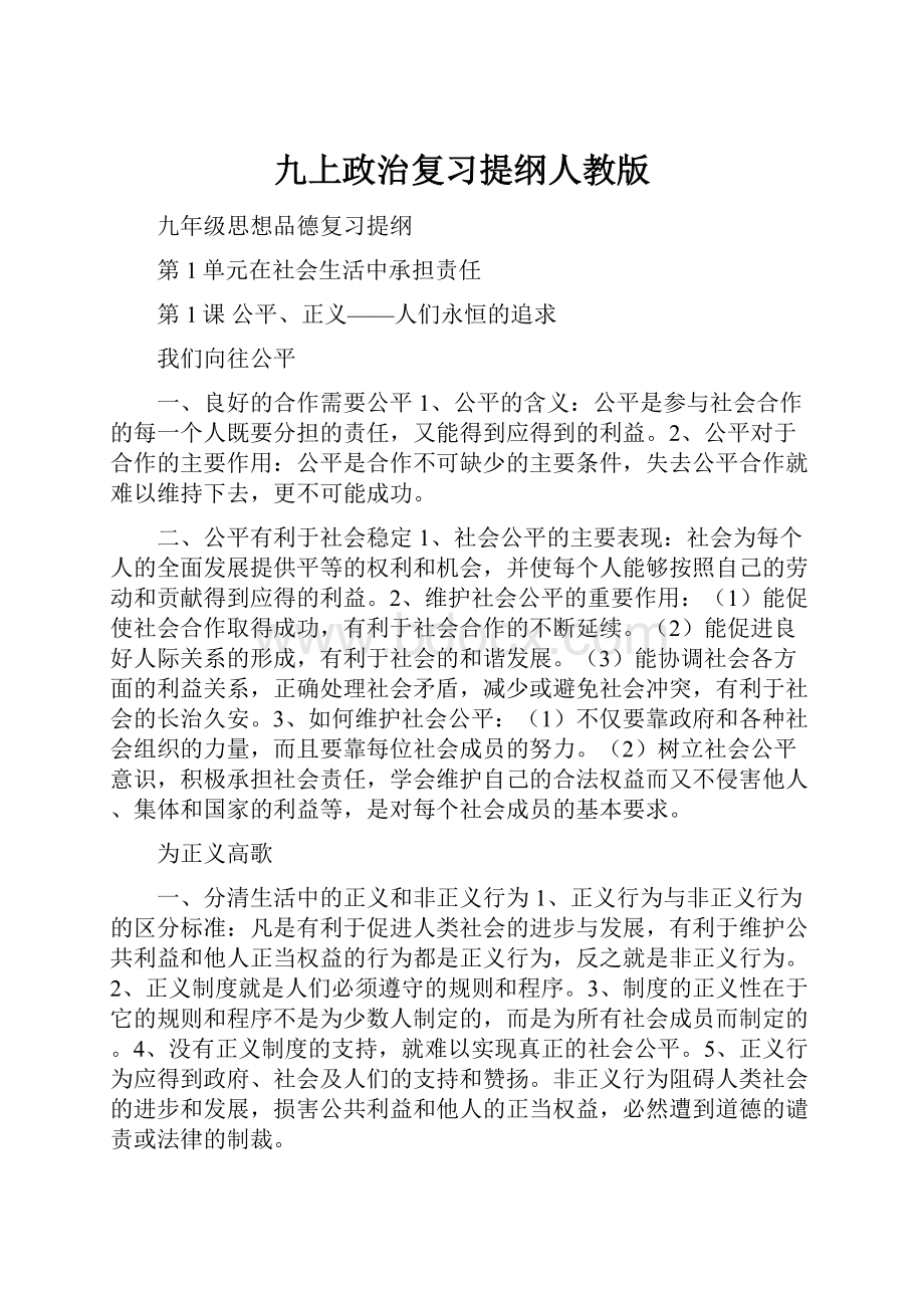 九上政治复习提纲人教版.docx