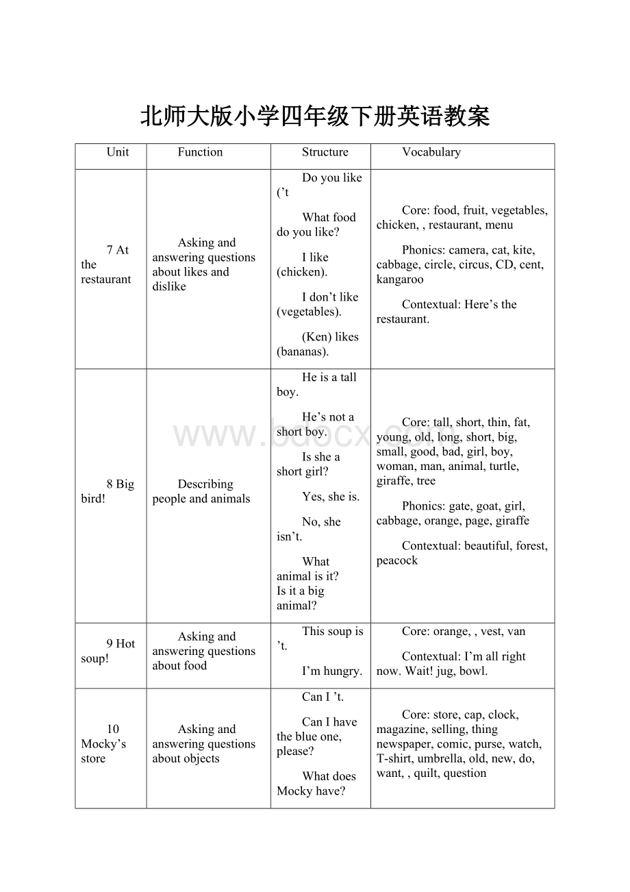 北师大版小学四年级下册英语教案.docx