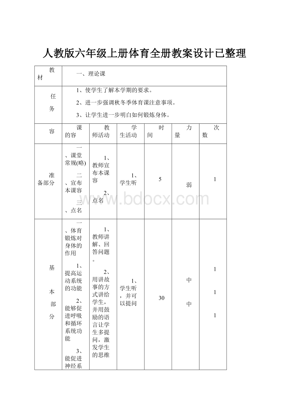 人教版六年级上册体育全册教案设计已整理.docx_第1页