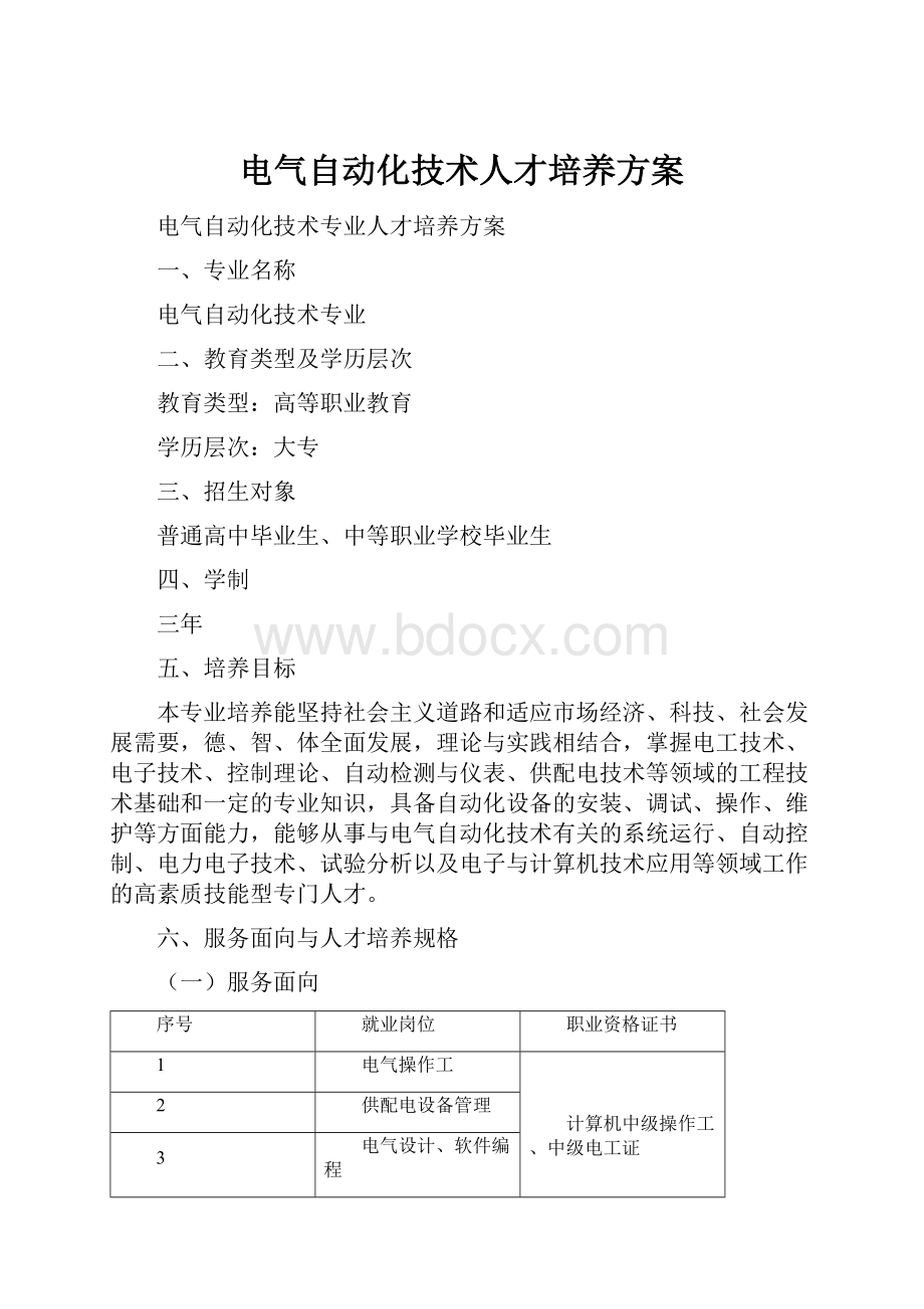 电气自动化技术人才培养方案.docx