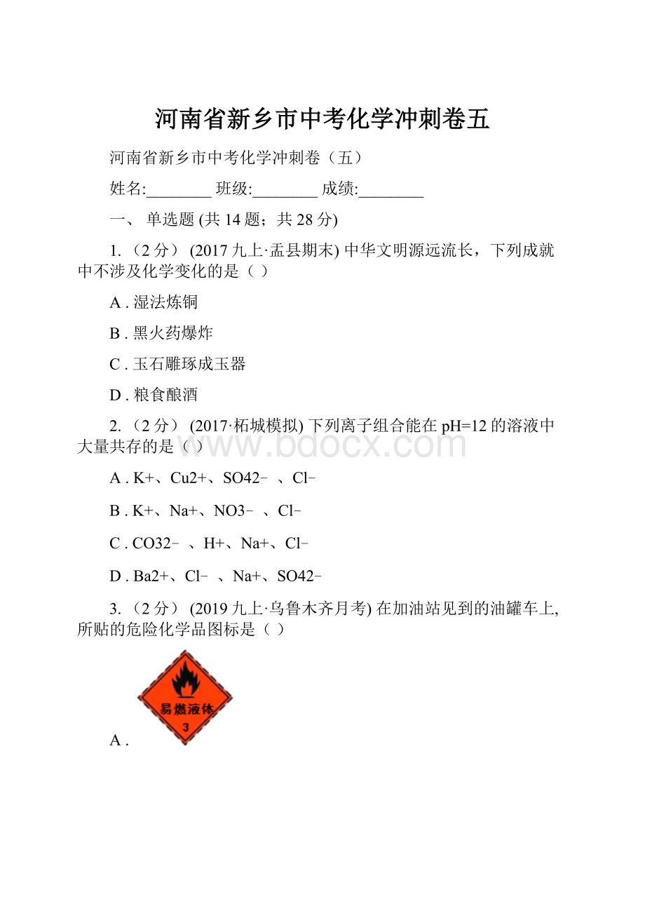 河南省新乡市中考化学冲刺卷五.docx