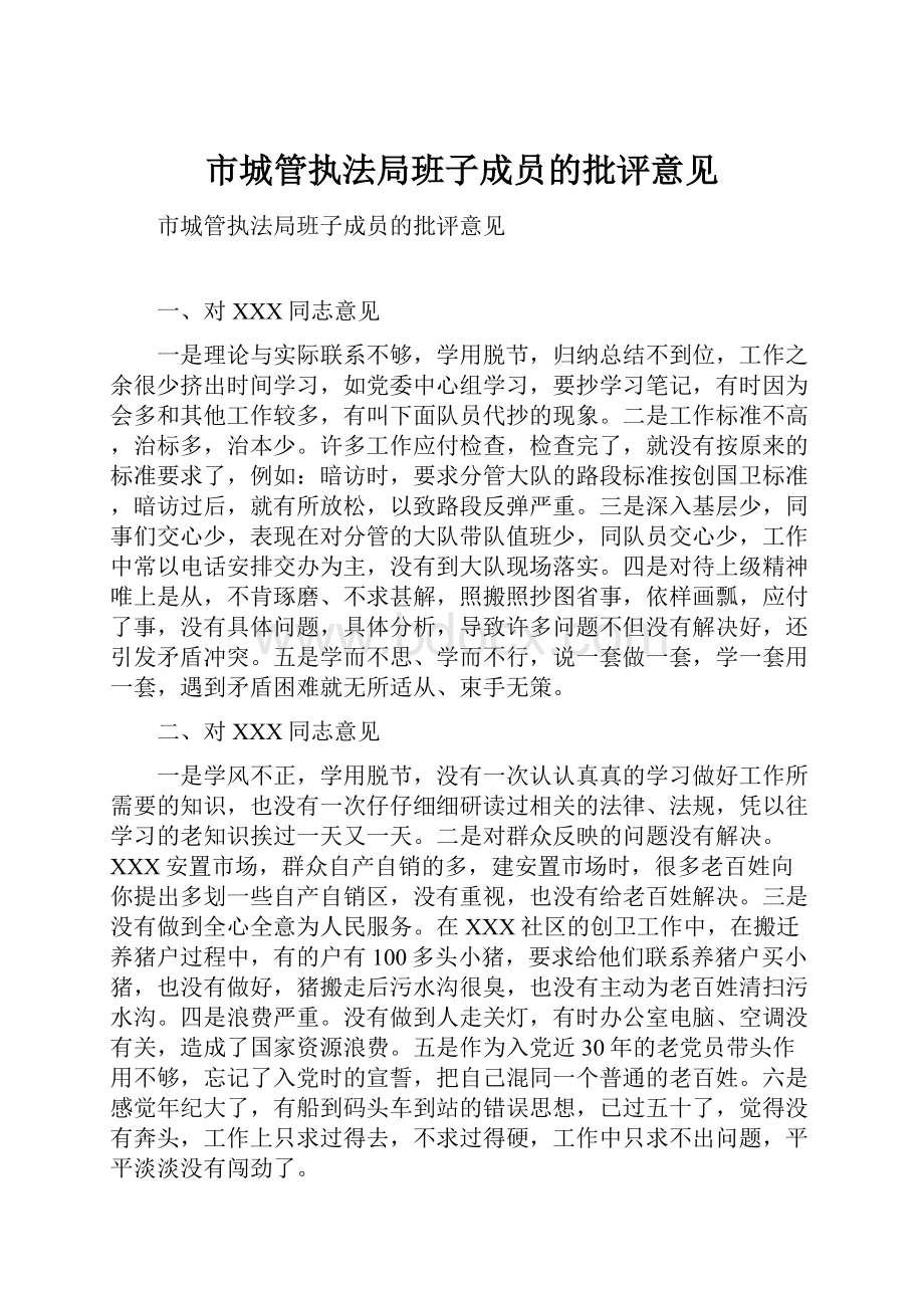 市城管执法局班子成员的批评意见.docx_第1页