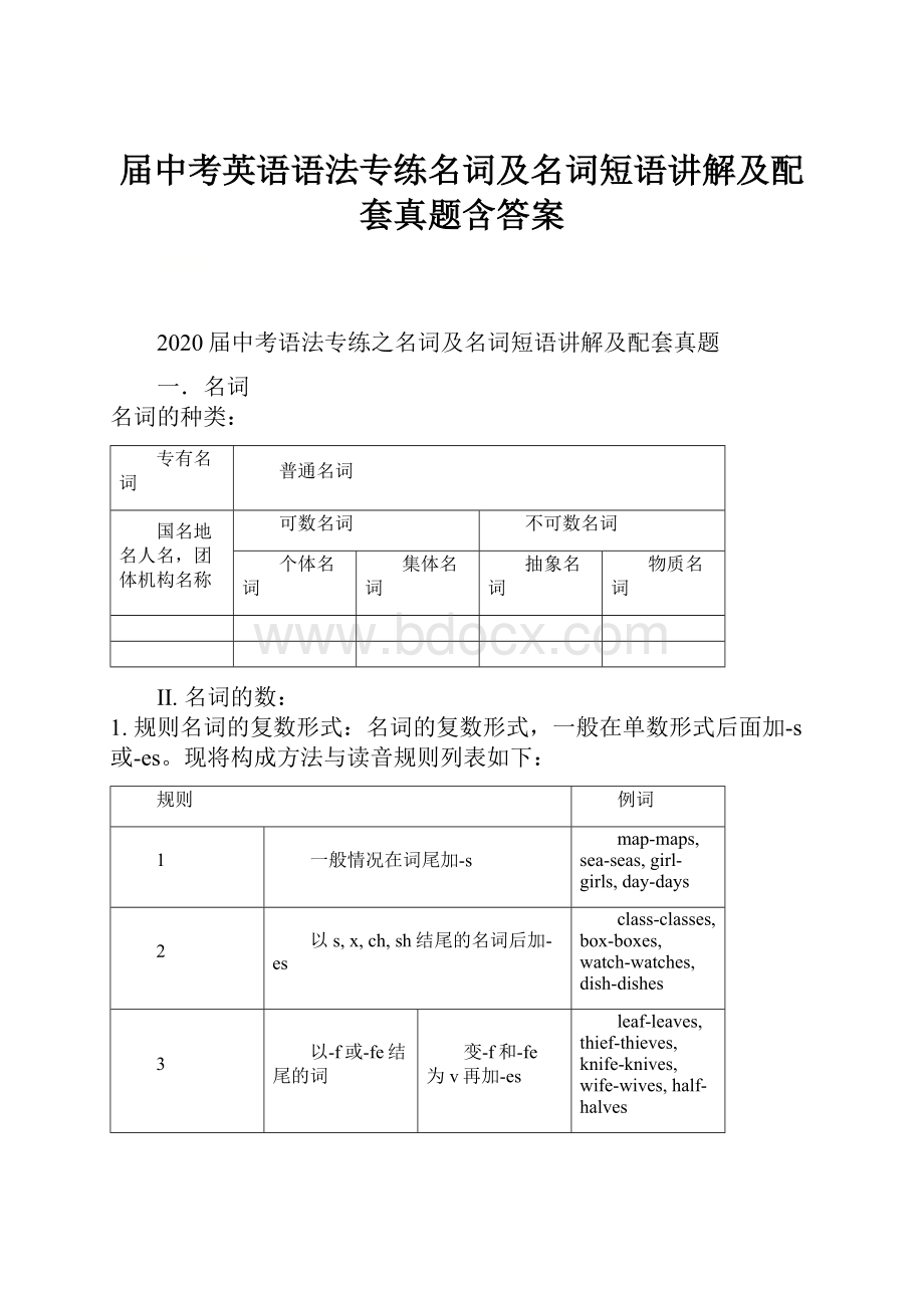 届中考英语语法专练名词及名词短语讲解及配套真题含答案.docx