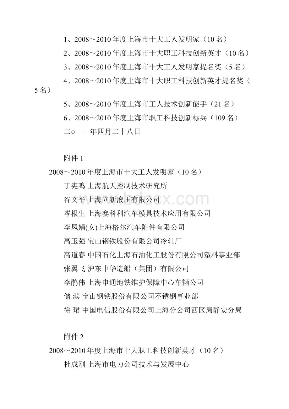 上海市总工会关于表彰度上海市十大工人发明家上海市十大职工科技创新英才的决定.docx_第2页