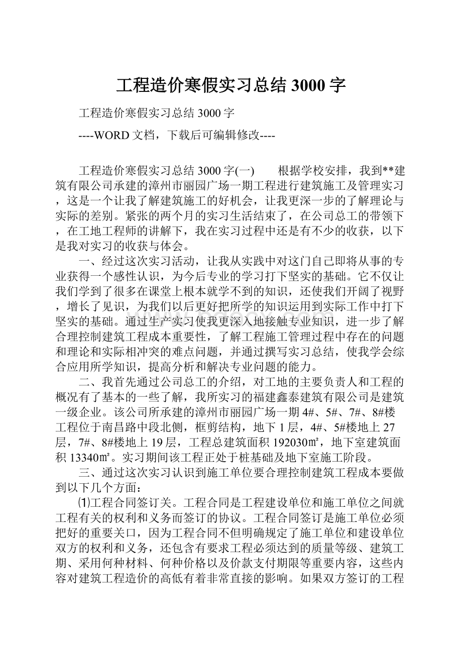 工程造价寒假实习总结3000字.docx