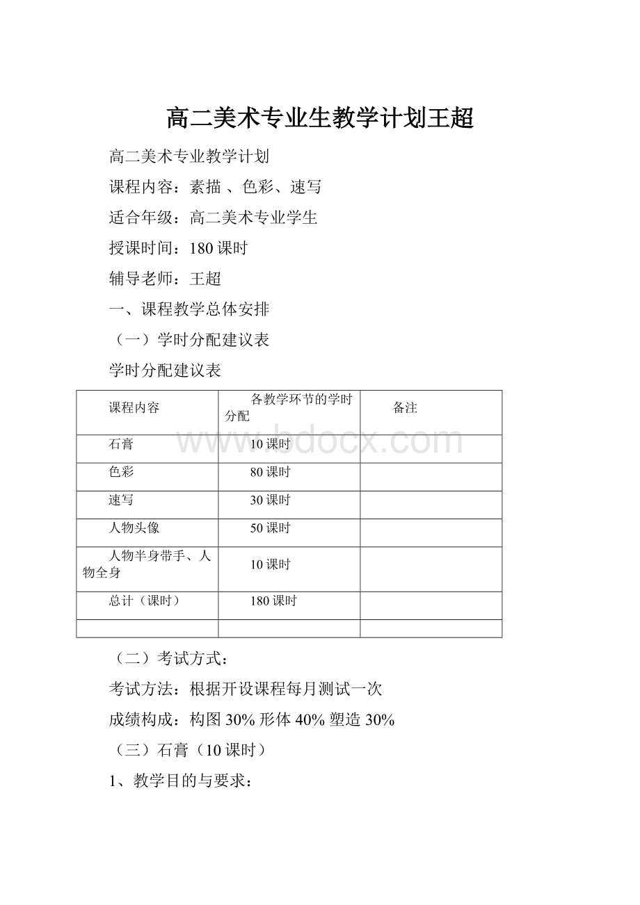 高二美术专业生教学计划王超.docx