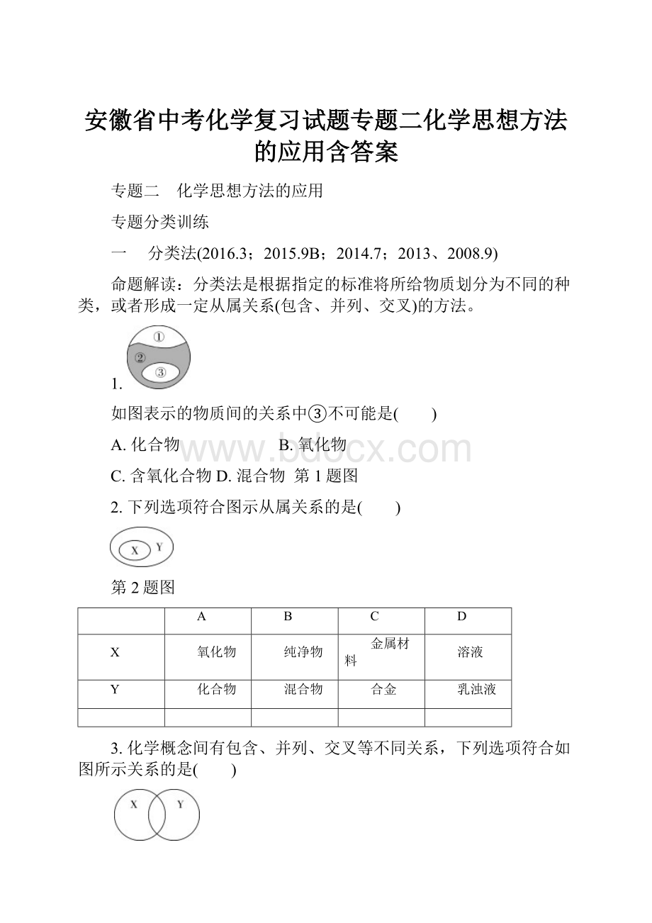 安徽省中考化学复习试题专题二化学思想方法的应用含答案.docx