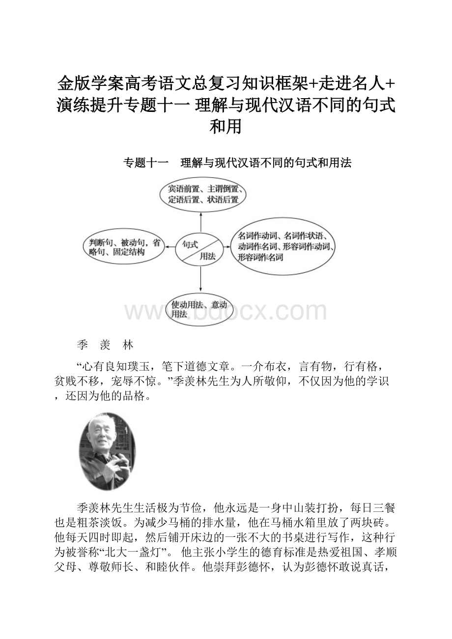 金版学案高考语文总复习知识框架+走进名人+演练提升专题十一 理解与现代汉语不同的句式和用.docx_第1页