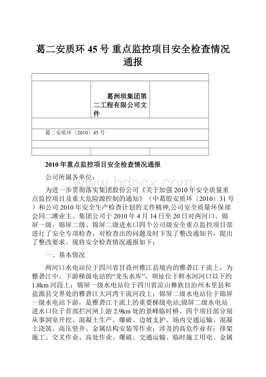 葛二安质环45号 重点监控项目安全检查情况通报.docx