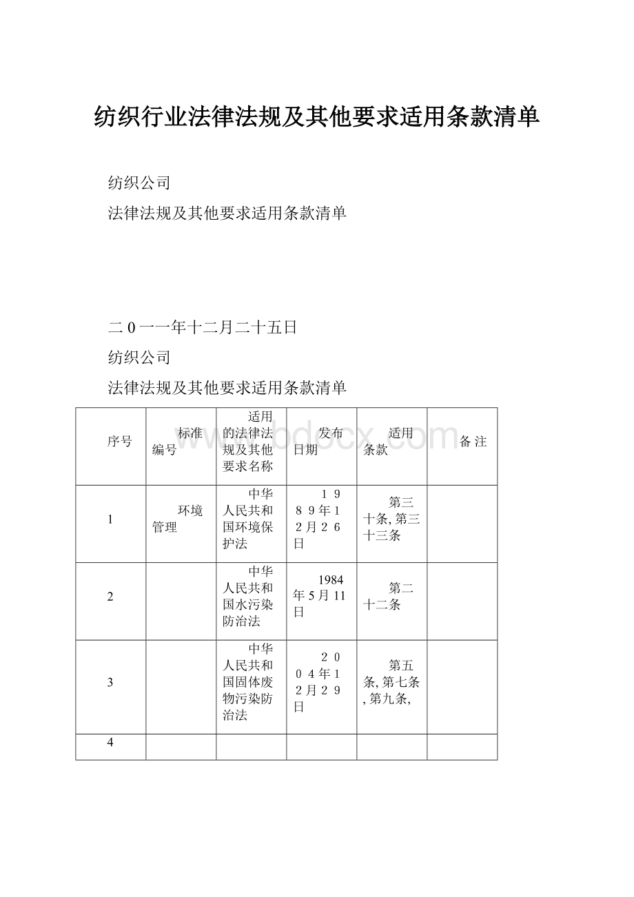 纺织行业法律法规及其他要求适用条款清单.docx