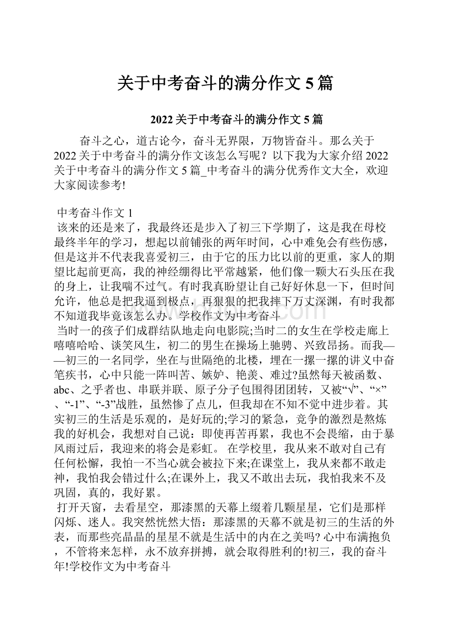 关于中考奋斗的满分作文5篇.docx