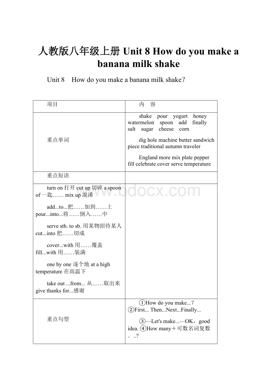 人教版八年级上册 Unit 8 How do you make a banana milk shake.docx_第1页