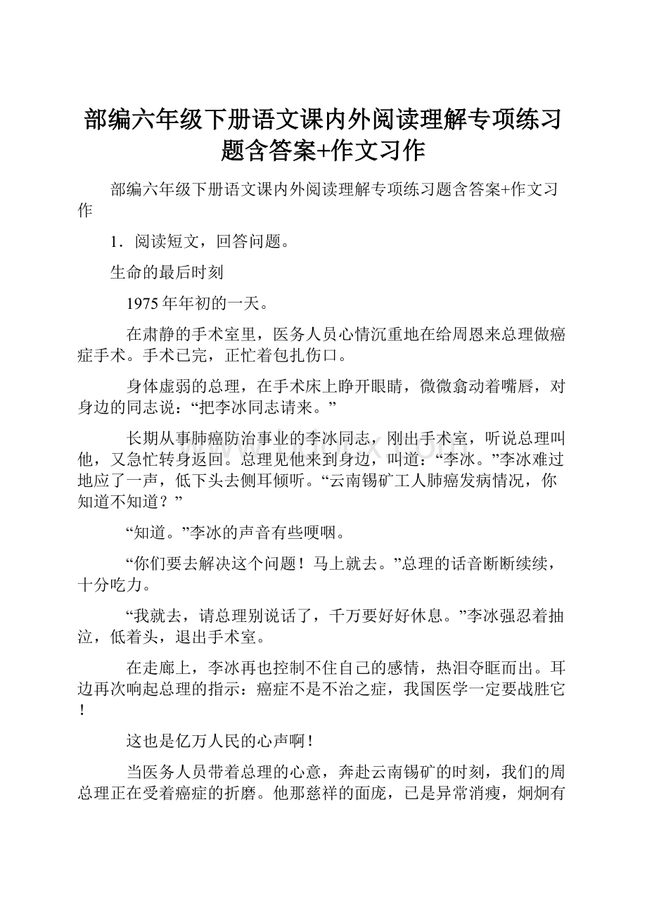 部编六年级下册语文课内外阅读理解专项练习题含答案+作文习作.docx