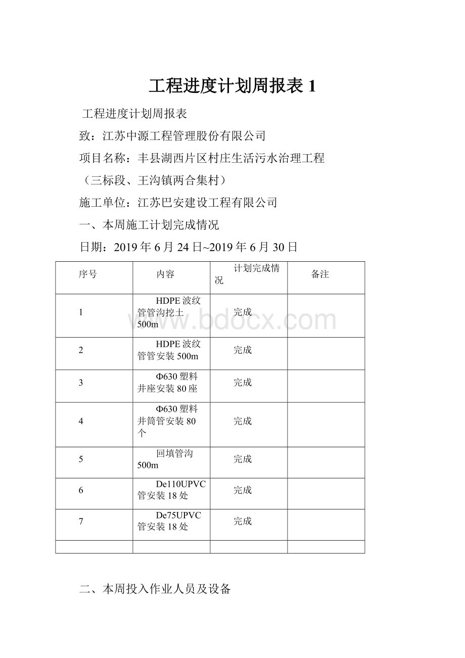 工程进度计划周报表 1.docx