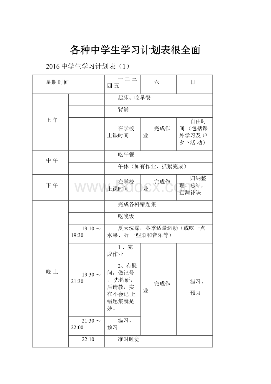 各种中学生学习计划表很全面.docx