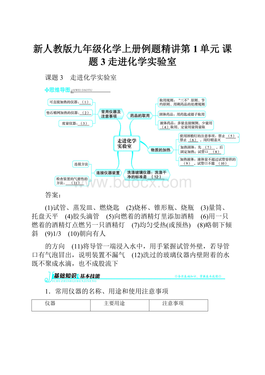 新人教版九年级化学上册例题精讲第1单元 课题3走进化学实验室.docx