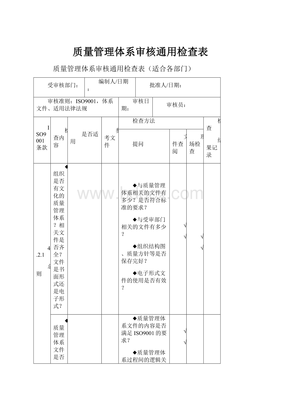 质量管理体系审核通用检查表.docx