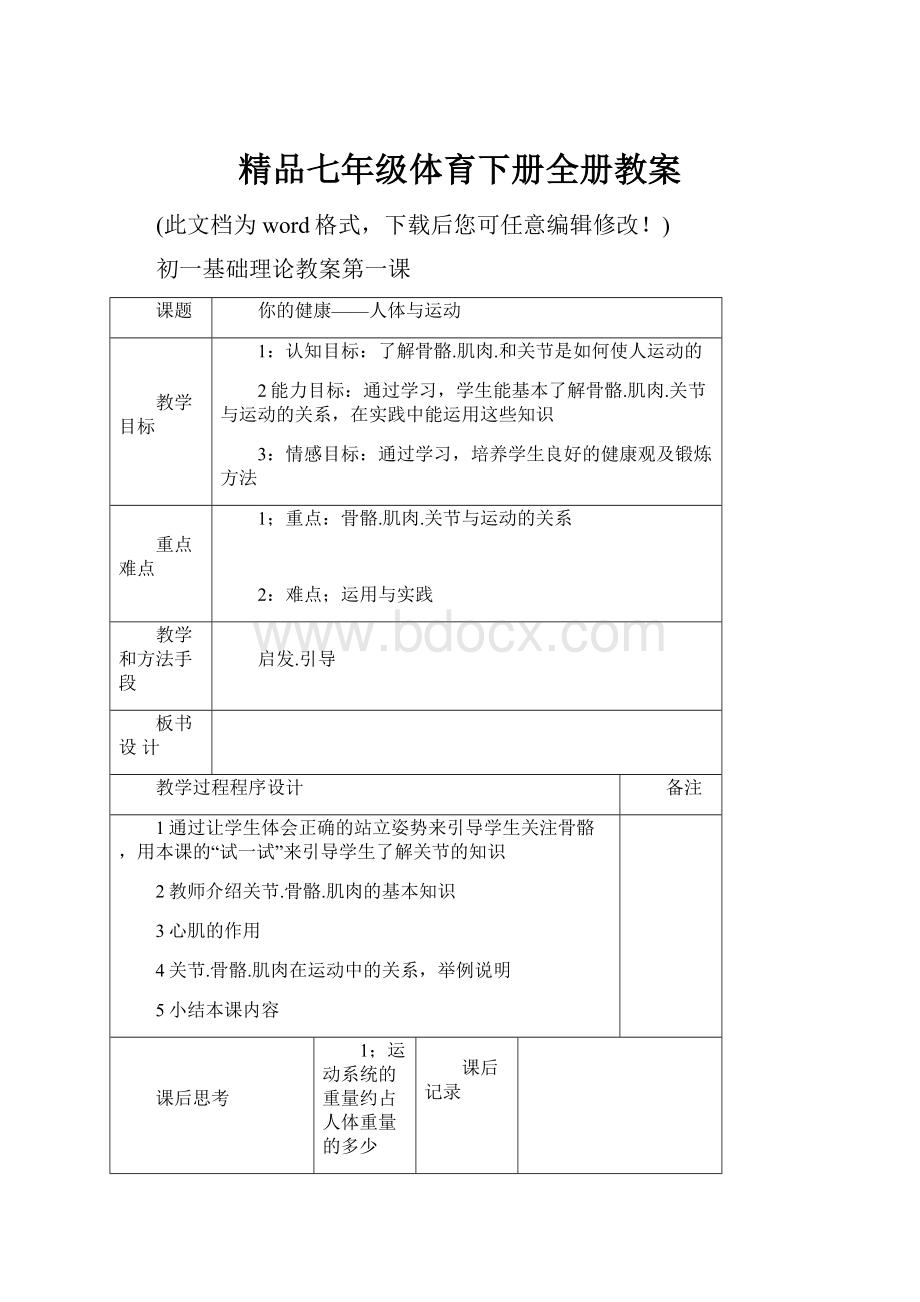 精品七年级体育下册全册教案.docx