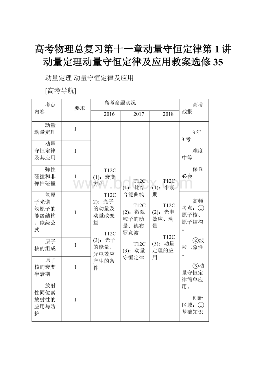 高考物理总复习第十一章动量守恒定律第1讲动量定理动量守恒定律及应用教案选修35.docx