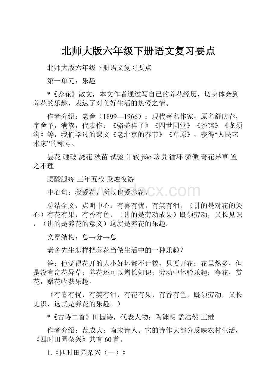 北师大版六年级下册语文复习要点.docx