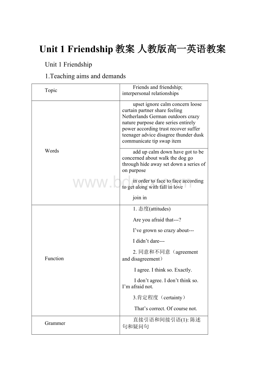 Unit 1 Friendship教案 人教版高一英语教案.docx