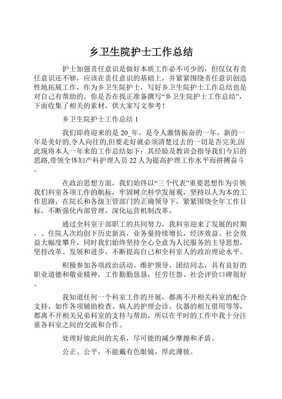 乡卫生院护士工作总结.docx