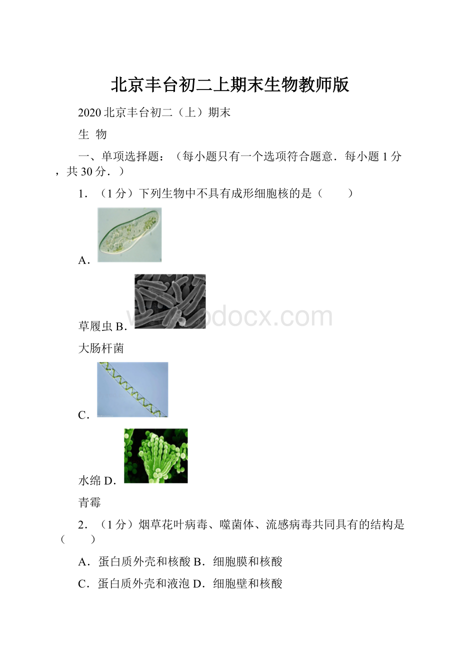 北京丰台初二上期末生物教师版.docx_第1页