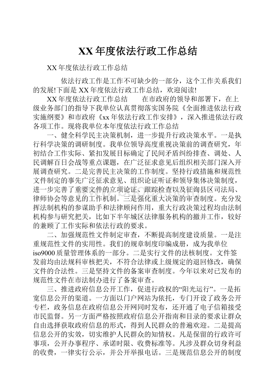 XX年度依法行政工作总结.docx_第1页