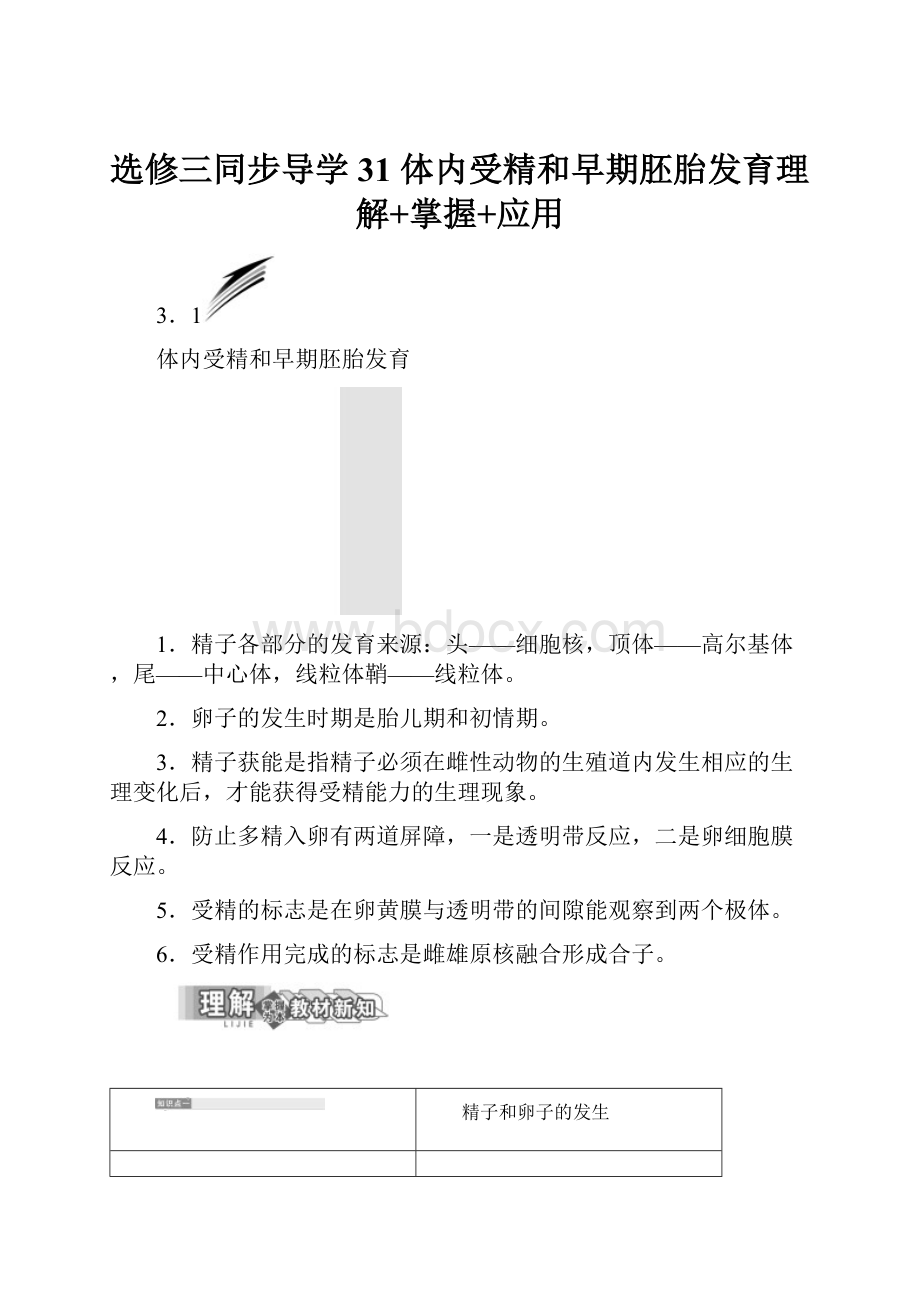 选修三同步导学31 体内受精和早期胚胎发育理解+掌握+应用.docx