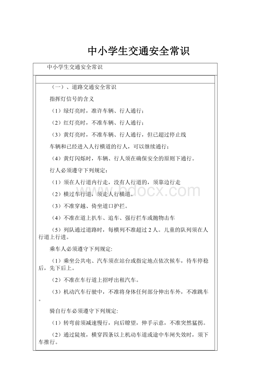 中小学生交通安全常识.docx