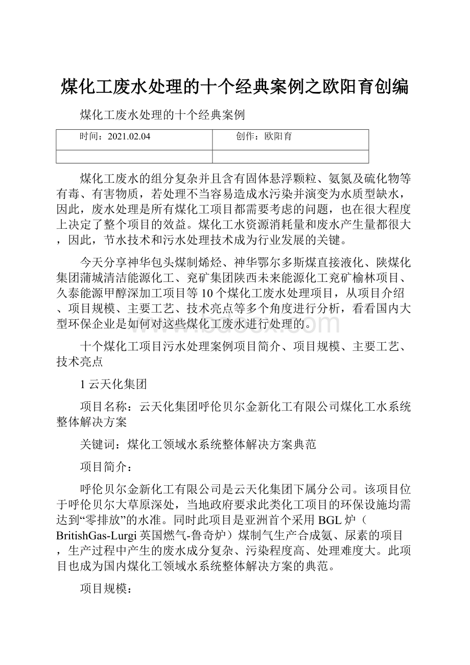 煤化工废水处理的十个经典案例之欧阳育创编.docx_第1页