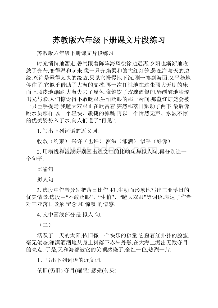 苏教版六年级下册课文片段练习.docx