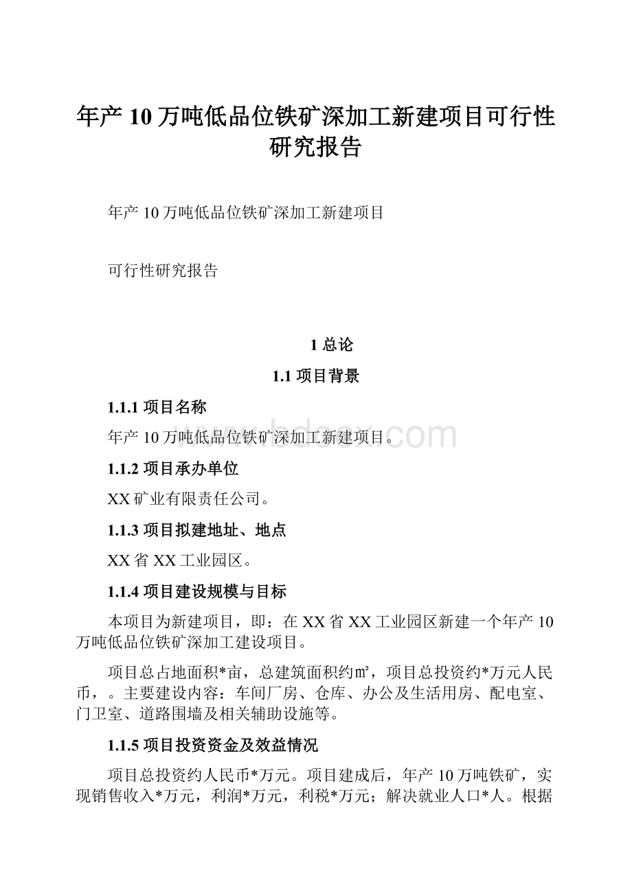 年产10万吨低品位铁矿深加工新建项目可行性研究报告.docx_第1页