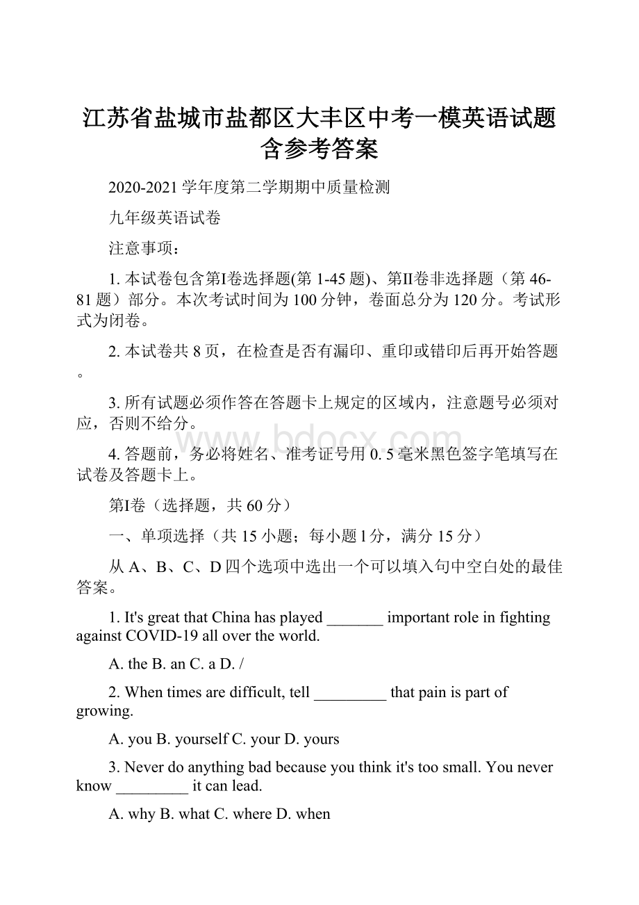 江苏省盐城市盐都区大丰区中考一模英语试题含参考答案.docx