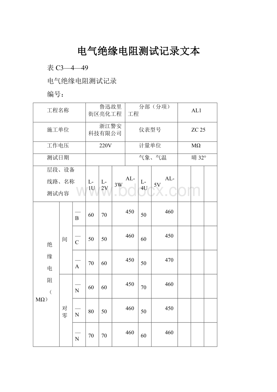 电气绝缘电阻测试记录文本.docx_第1页