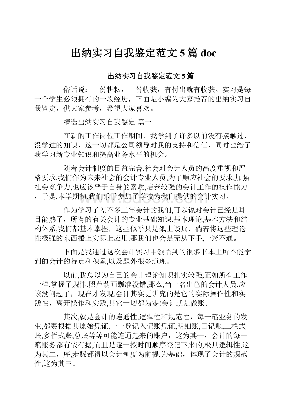 出纳实习自我鉴定范文5篇doc.docx