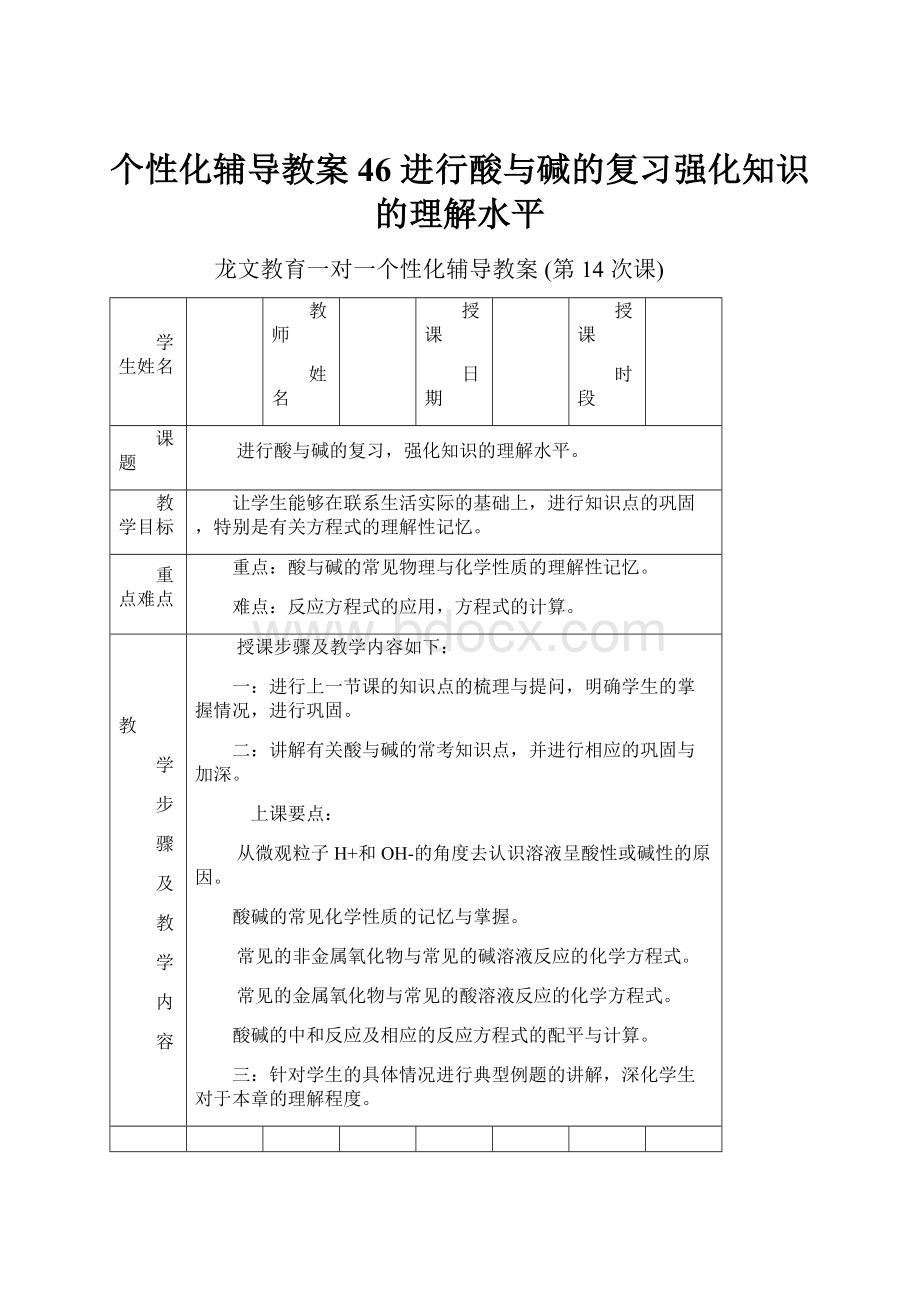 个性化辅导教案 46进行酸与碱的复习强化知识的理解水平.docx_第1页