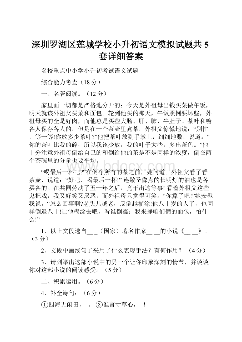 深圳罗湖区莲城学校小升初语文模拟试题共5套详细答案.docx