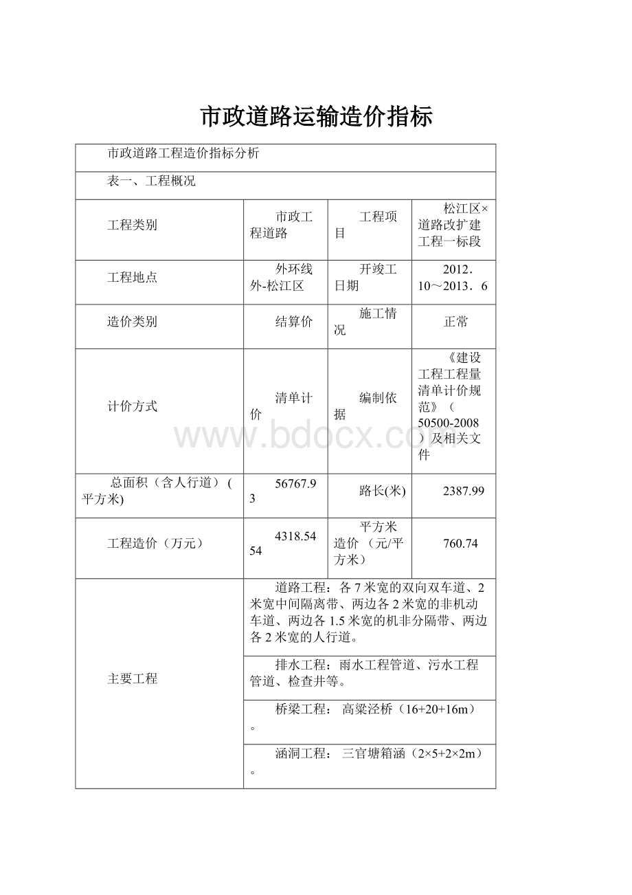 市政道路运输造价指标.docx