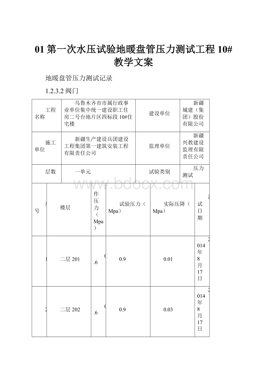 01第一次水压试验地暖盘管压力测试工程10#教学文案.docx