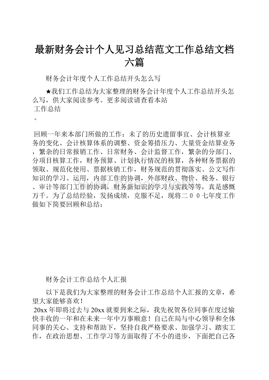 最新财务会计个人见习总结范文工作总结文档六篇.docx_第1页