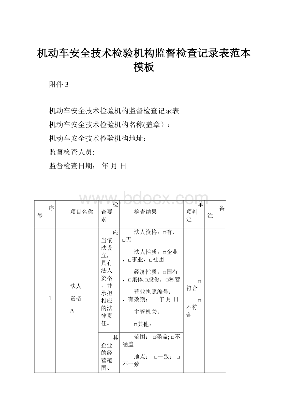 机动车安全技术检验机构监督检查记录表范本模板.docx