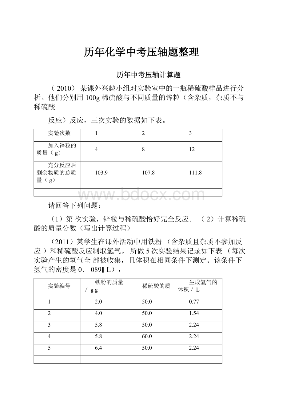 历年化学中考压轴题整理.docx