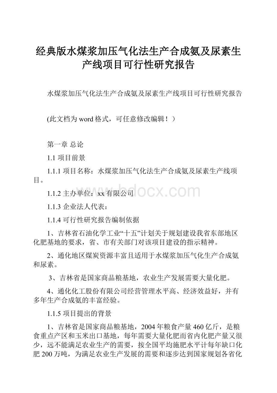 经典版水煤浆加压气化法生产合成氨及尿素生产线项目可行性研究报告.docx_第1页