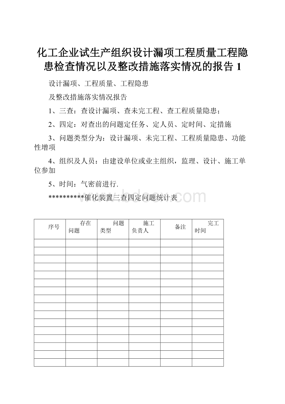 化工企业试生产组织设计漏项工程质量工程隐患检查情况以及整改措施落实情况的报告1.docx